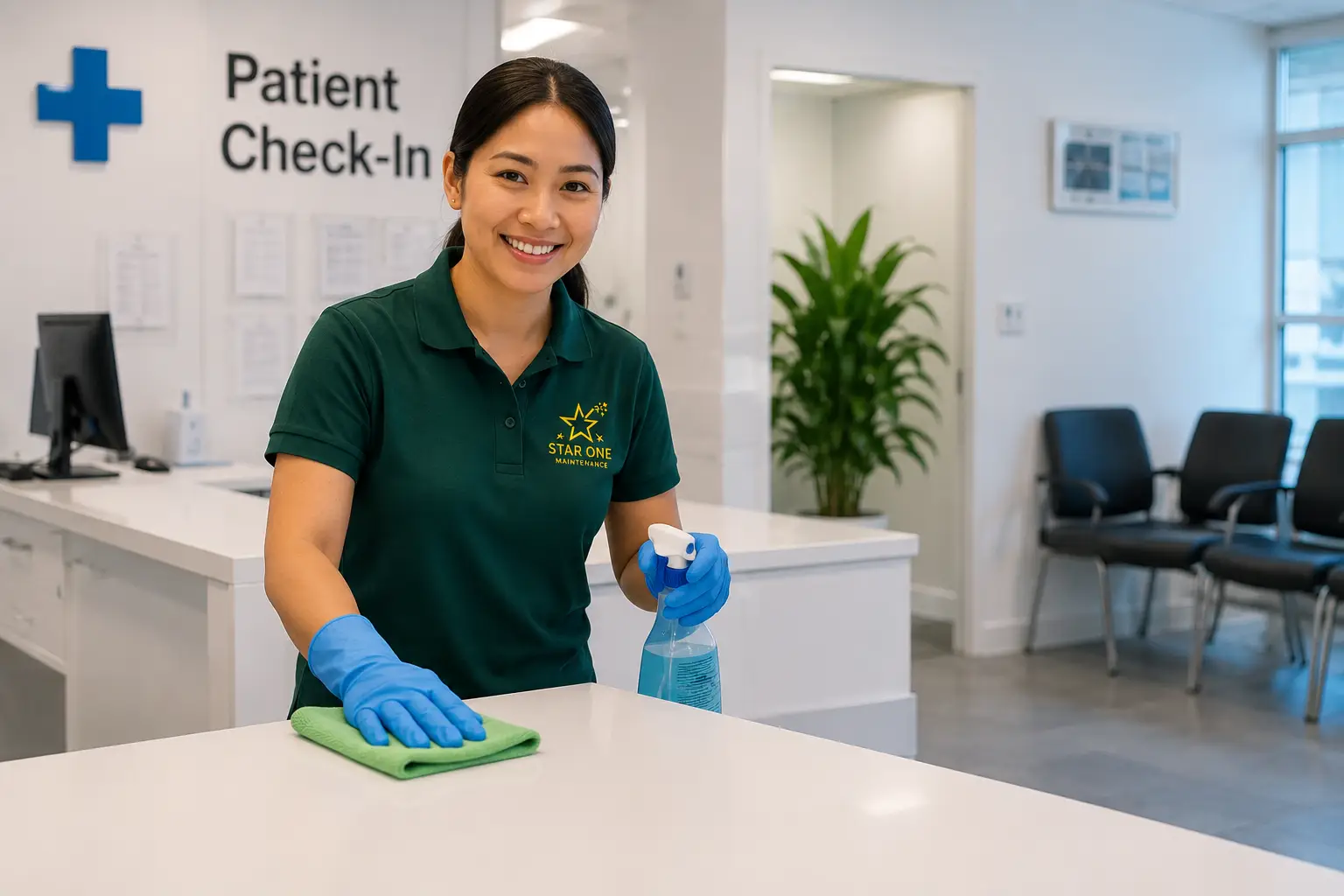 Professional cleaner disinfecting a medical exam room