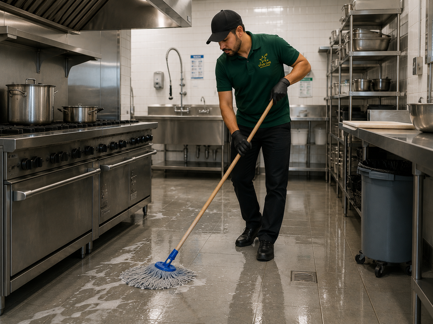 Professional cleaning of commercial kitchen floor tiles