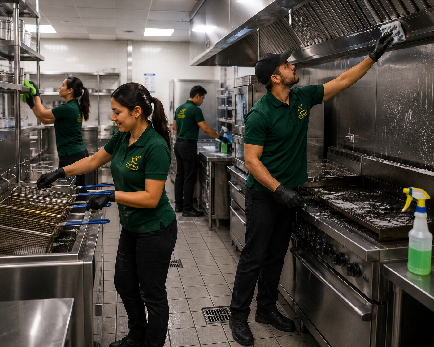 Professional cleaning team conducting deep restaurant kitchen cleaning