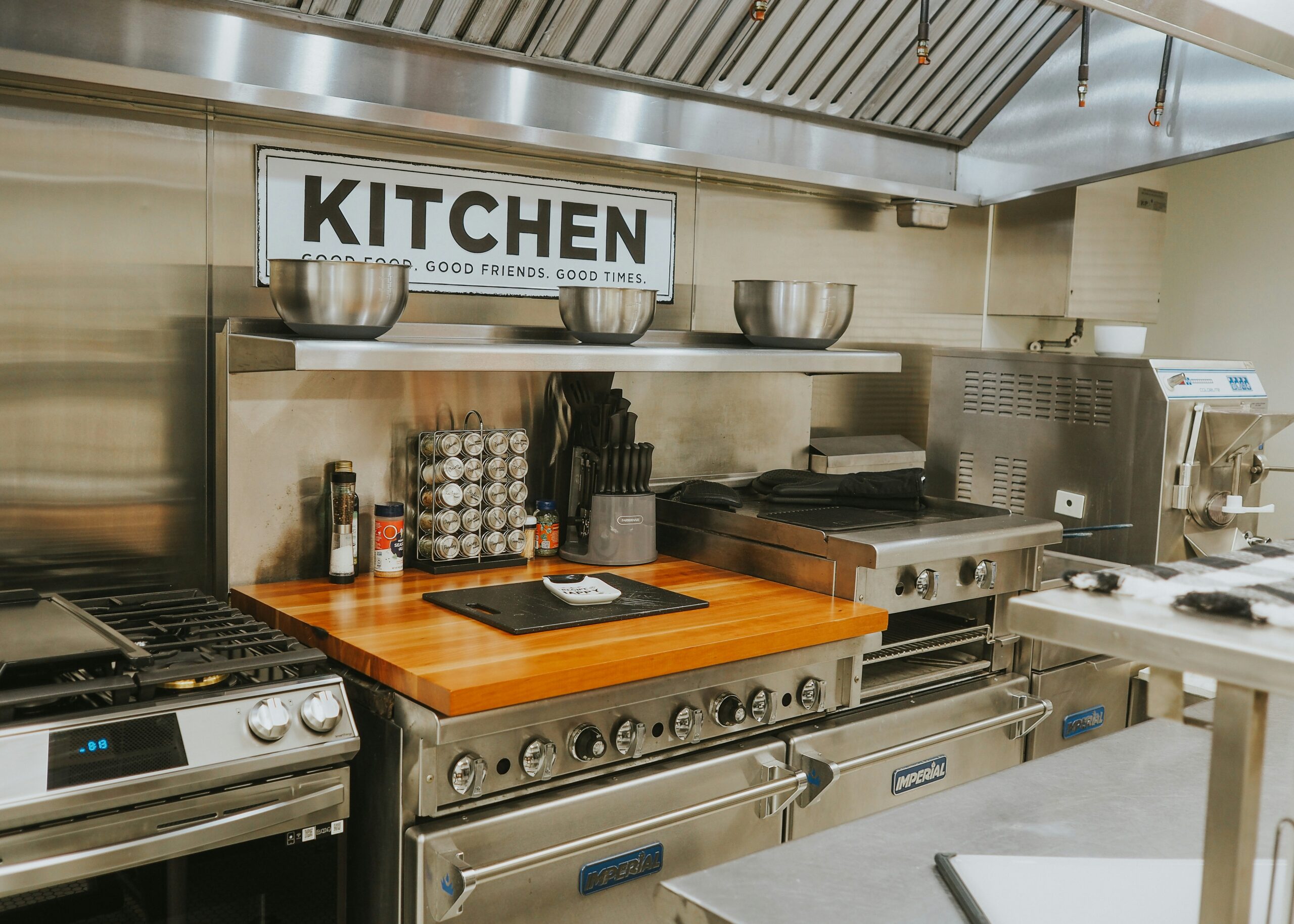Spotless commercial kitchen ready for morning service